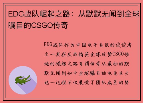 EDG战队崛起之路：从默默无闻到全球瞩目的CSGO传奇